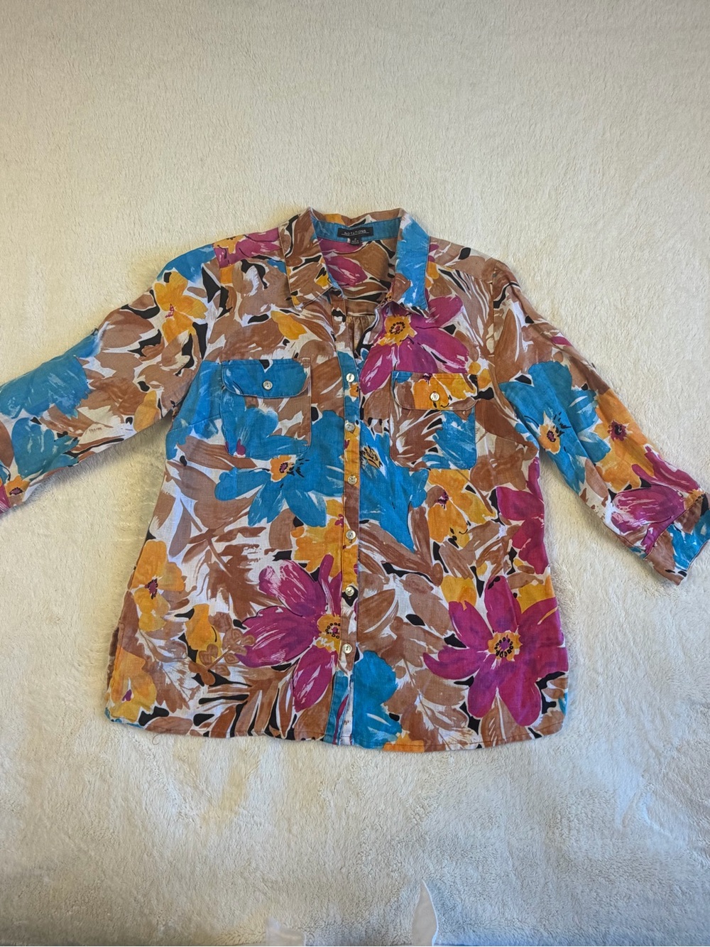 Notations Floral Button-Down Shirt in Blue, Pink, Yellow, Brown Linen M